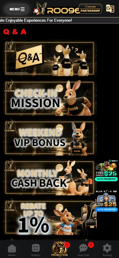 Roo96 Casino mobile promotions area with the 200% deposit match and bonus terms