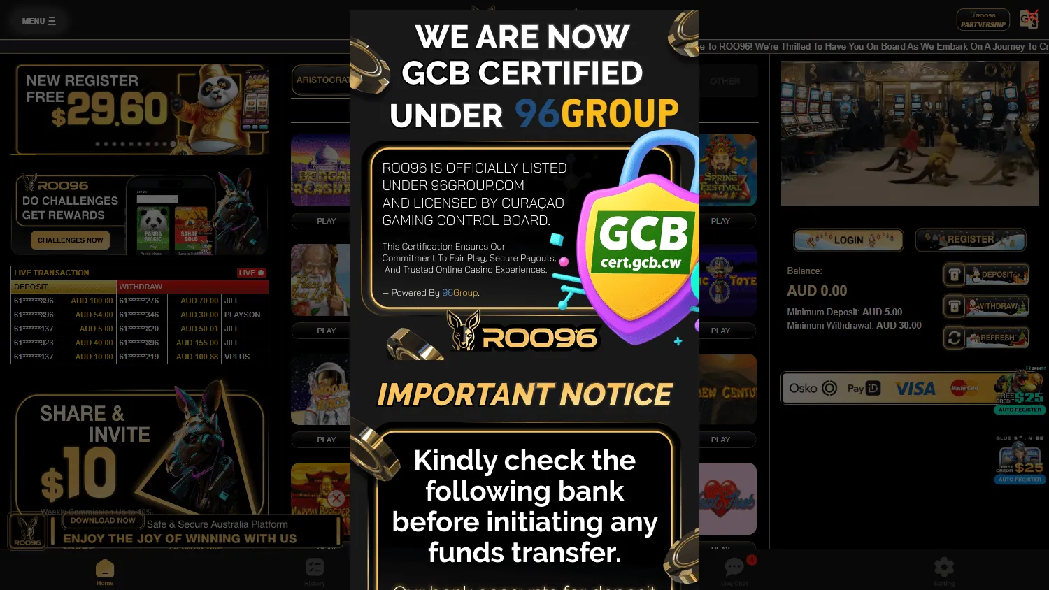 Roo96 Casino desktop games area with slots, live tables and other casino formats