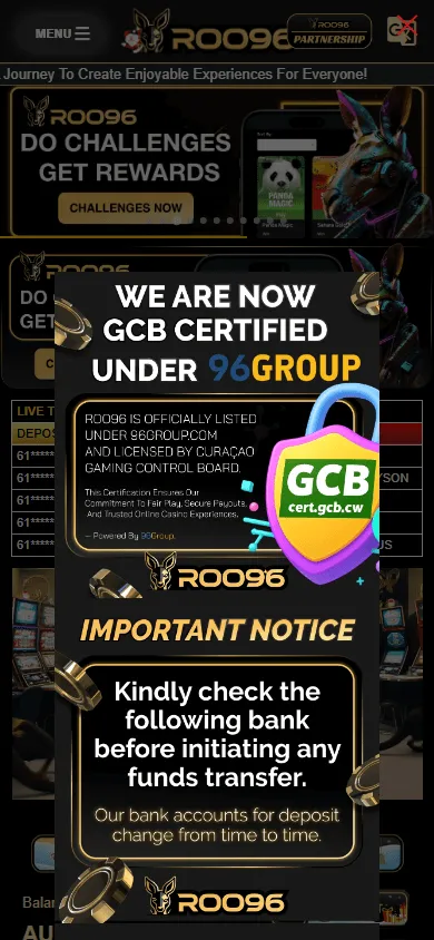Roo96 Casino mobile home experience with casino access and mobile browsing