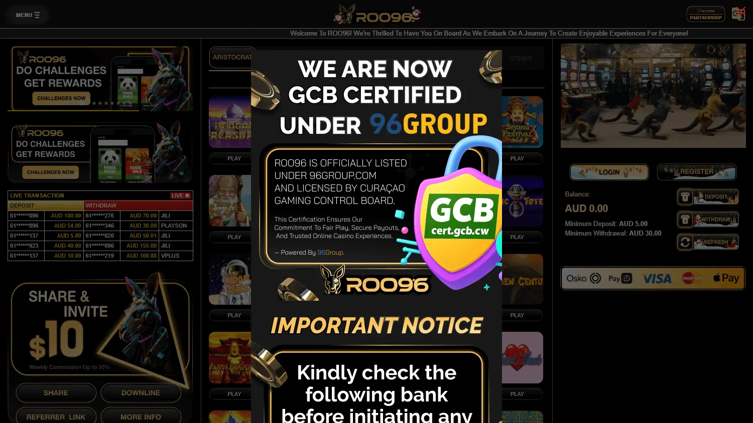 Roo96 Casino desktop home with the welcome offer, AUD play and casino categories